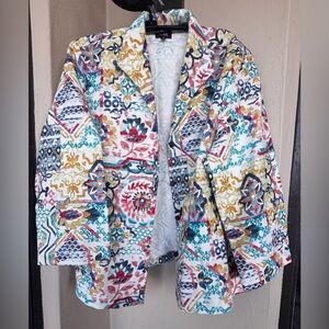 Connie Roberson Women’s Blazer 100% Linen Multicolor Bohemian 3/4 Sleeves Large